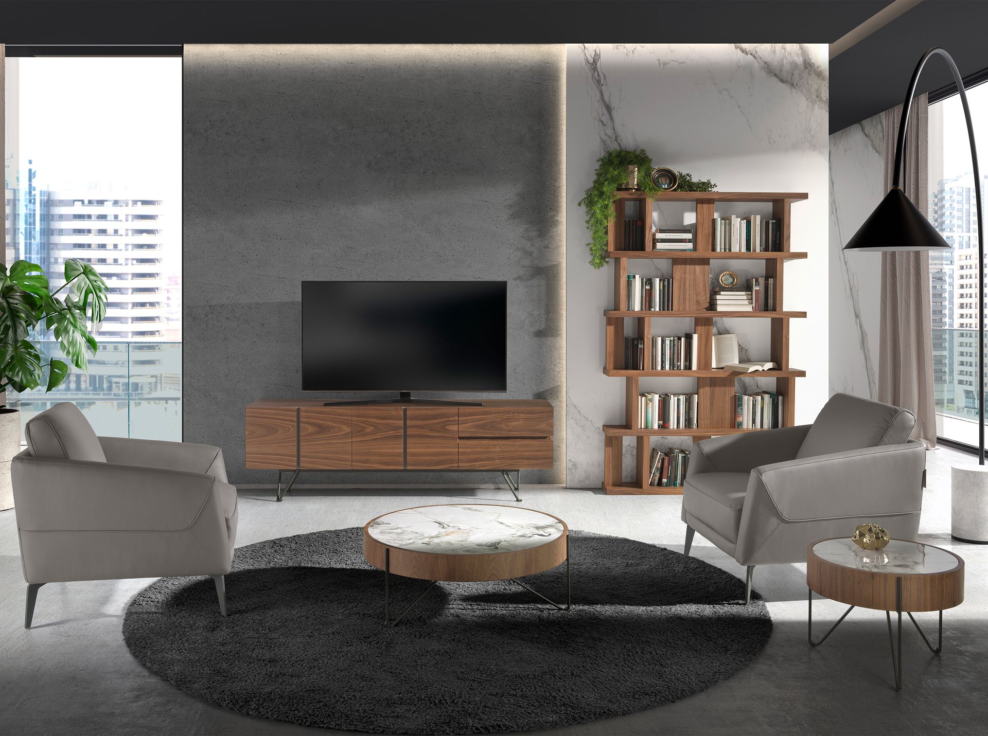 Круглый журнальный столик 2138/MH2303A из ореха и мраморной керамики Angel Cerda