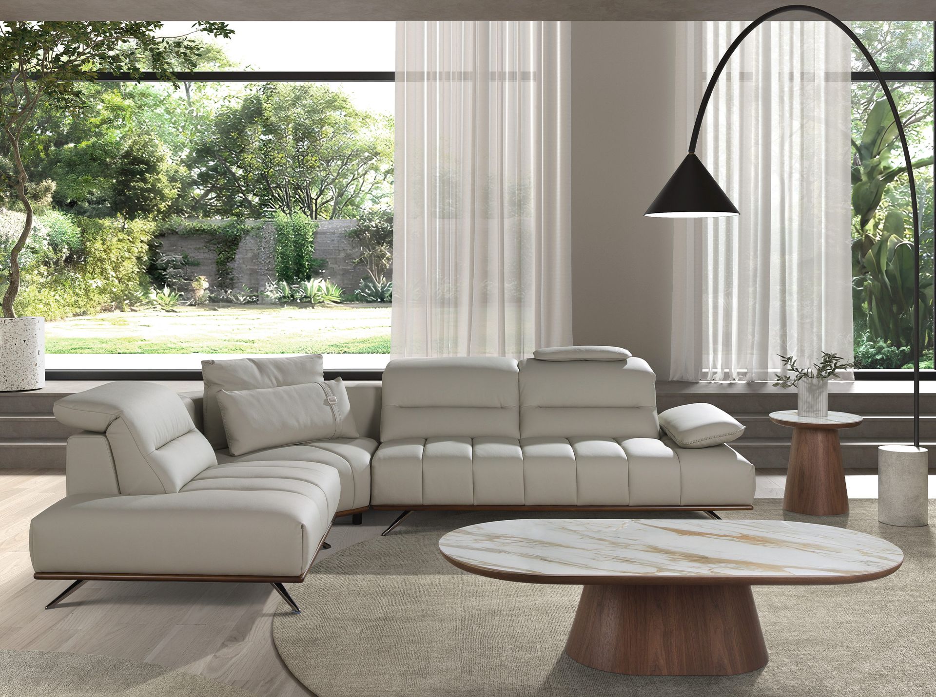 Угловой диван с левым шезлонгом 6243 из светло-серой кожи Angel Cerda