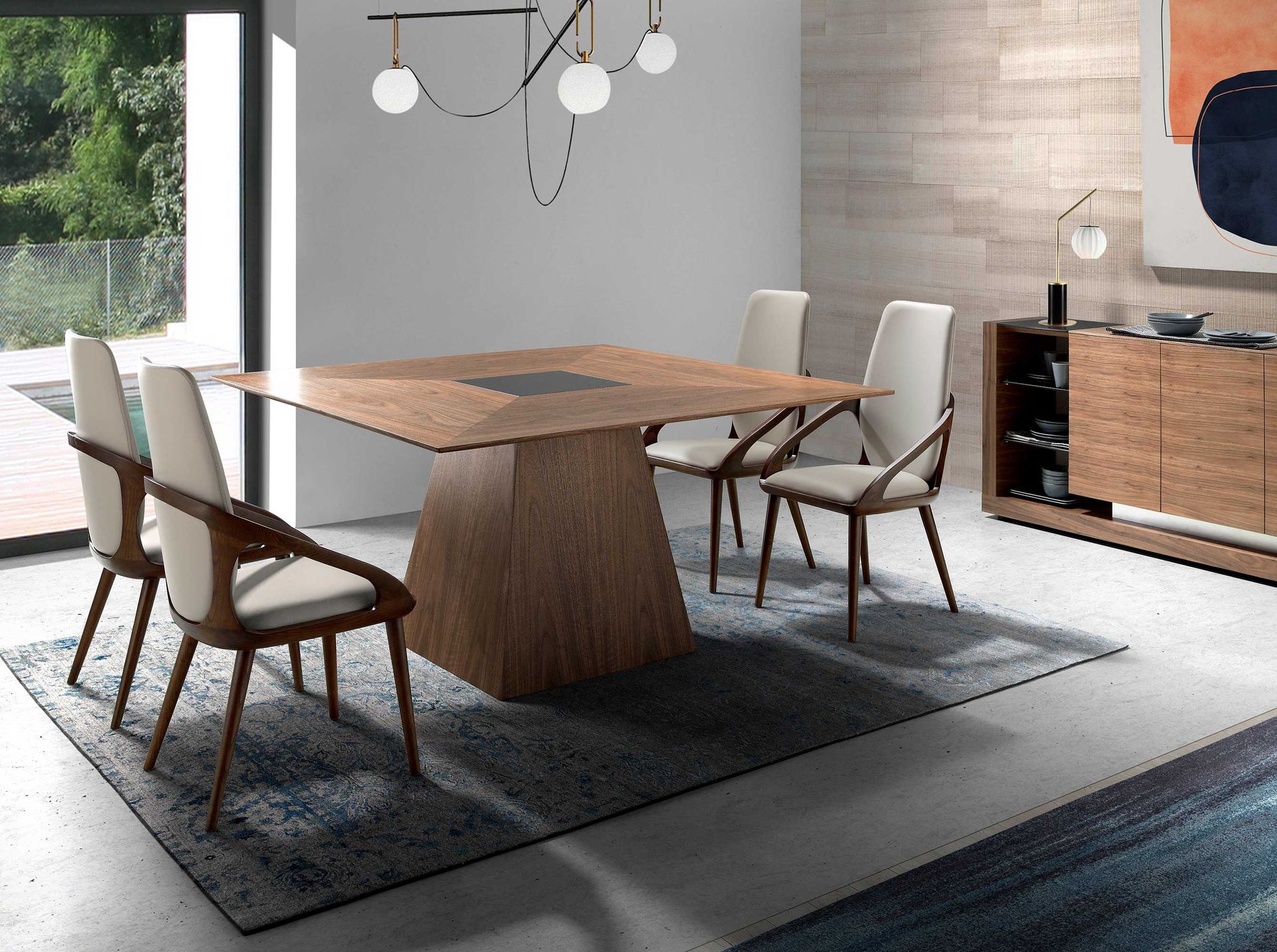 Квадратный обеденный стол MI1412 /1079 из ореха со вставкой из черного стекла Angel Cerda