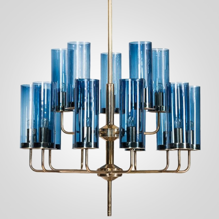 Люстра Agne Brass &amp; Blue Glass Tube Chandelier in 1970 15 Синий by ImperiumLoft