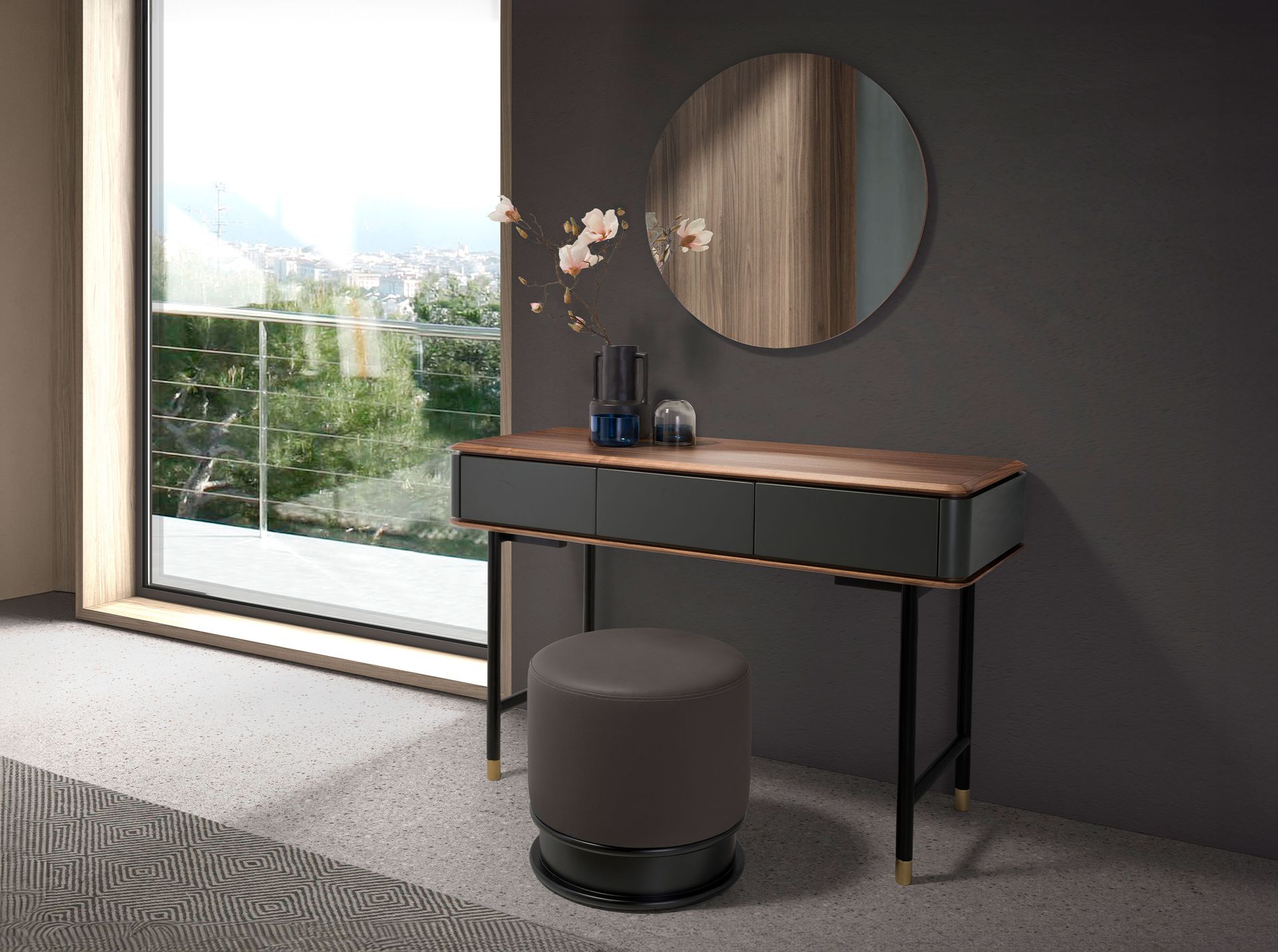 Консоль с ящиками 7171/CP2308DK из темно-серого дерева с ореховой столешницей Angel Cerda