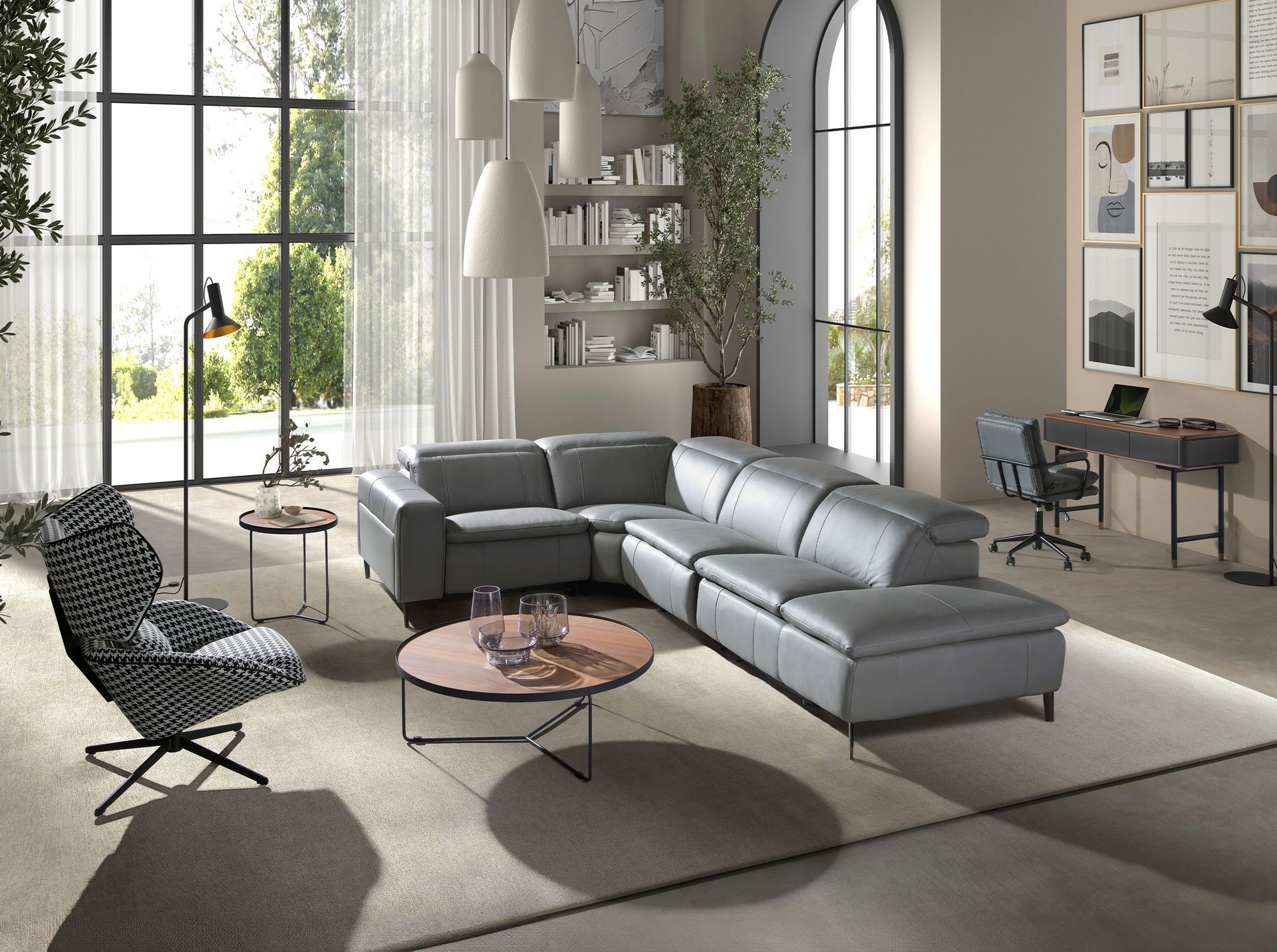 5-местный диван с реклайнером 6217 с правым шезлонгом из серой кожи Angel Cerda