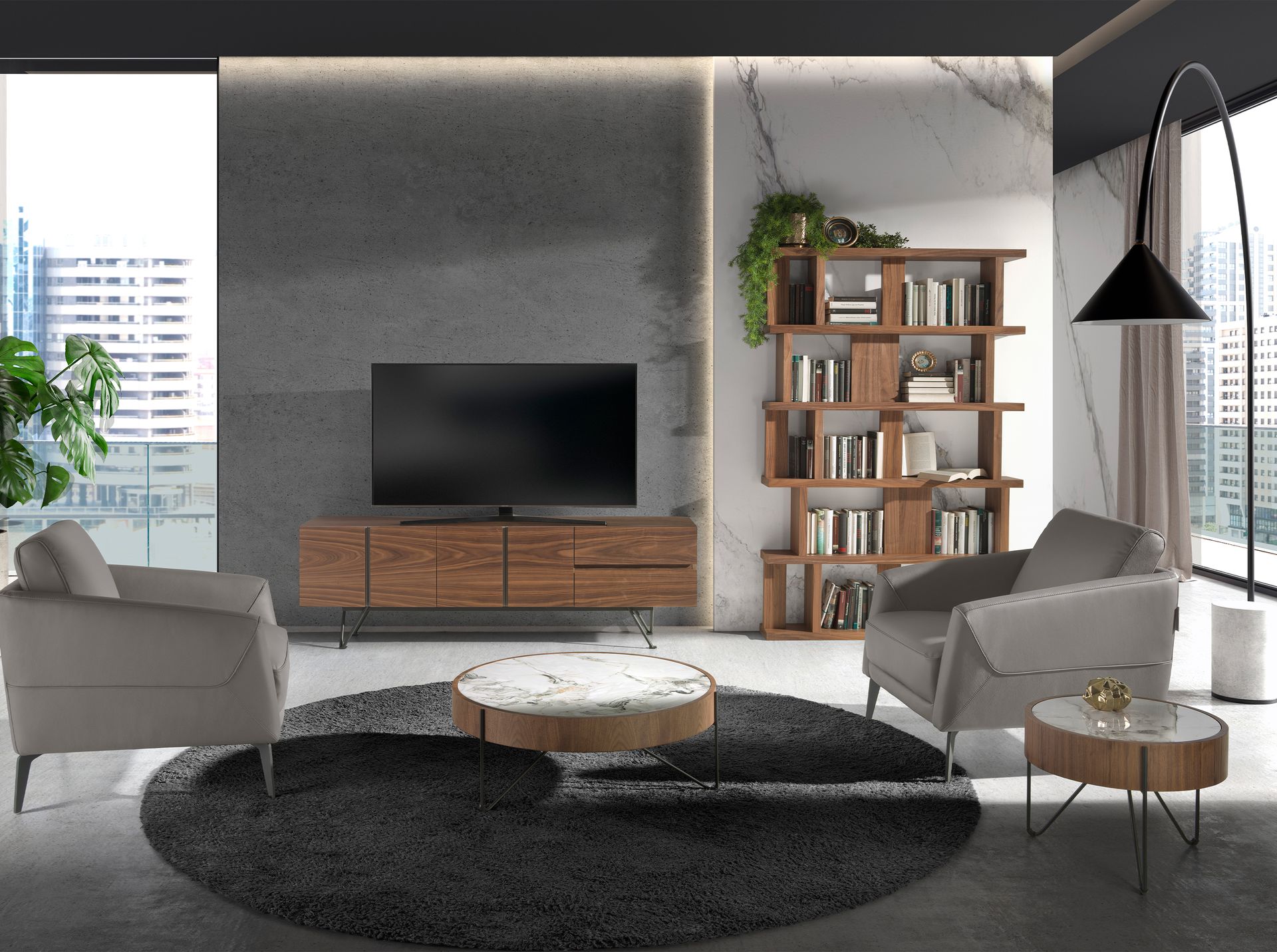 Круглый приставной столик 2139/MH2303B из ореха и мраморной керамики Angel Cerda