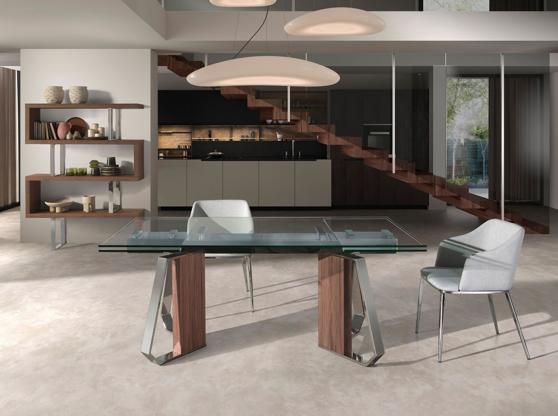 Раздвижной обеденный стол 1159 из стекла, ореха и хромированной стали Angel Cerda