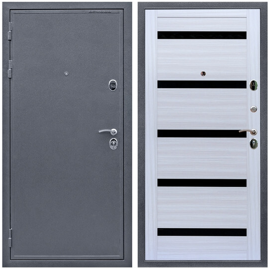 Дверь входная Graf Лондон Антик серебро / МДФ 16 мм СБ-14 Сандал белый стекло черное