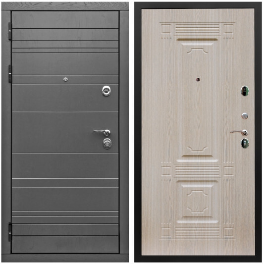 Дверь входная Graf Роял Вуд МДФ 10 мм Роял Вуд графит / МДФ 6 мм ФЛ-2 Дуб беленый