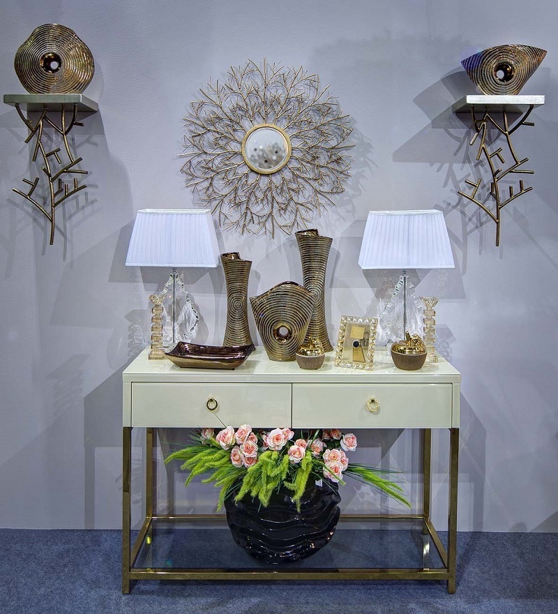 Консоль с ящиками бежевое стекло/золото Garda Decor KFC762E7