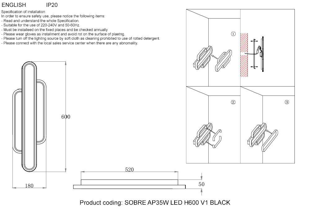 Бра Crystal Lux SOBRE AP35W LED H600 V1 BLACK