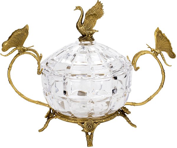 Конфетница с лебедем и бабочками Glasar HGL482/GLASS