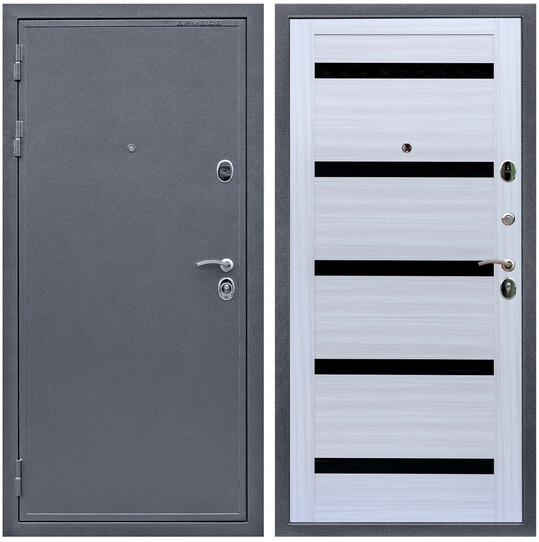 Дверь входная Graf Престиж Антик серебро / МДФ 16 мм СБ-14 Сандал белый стекло черное