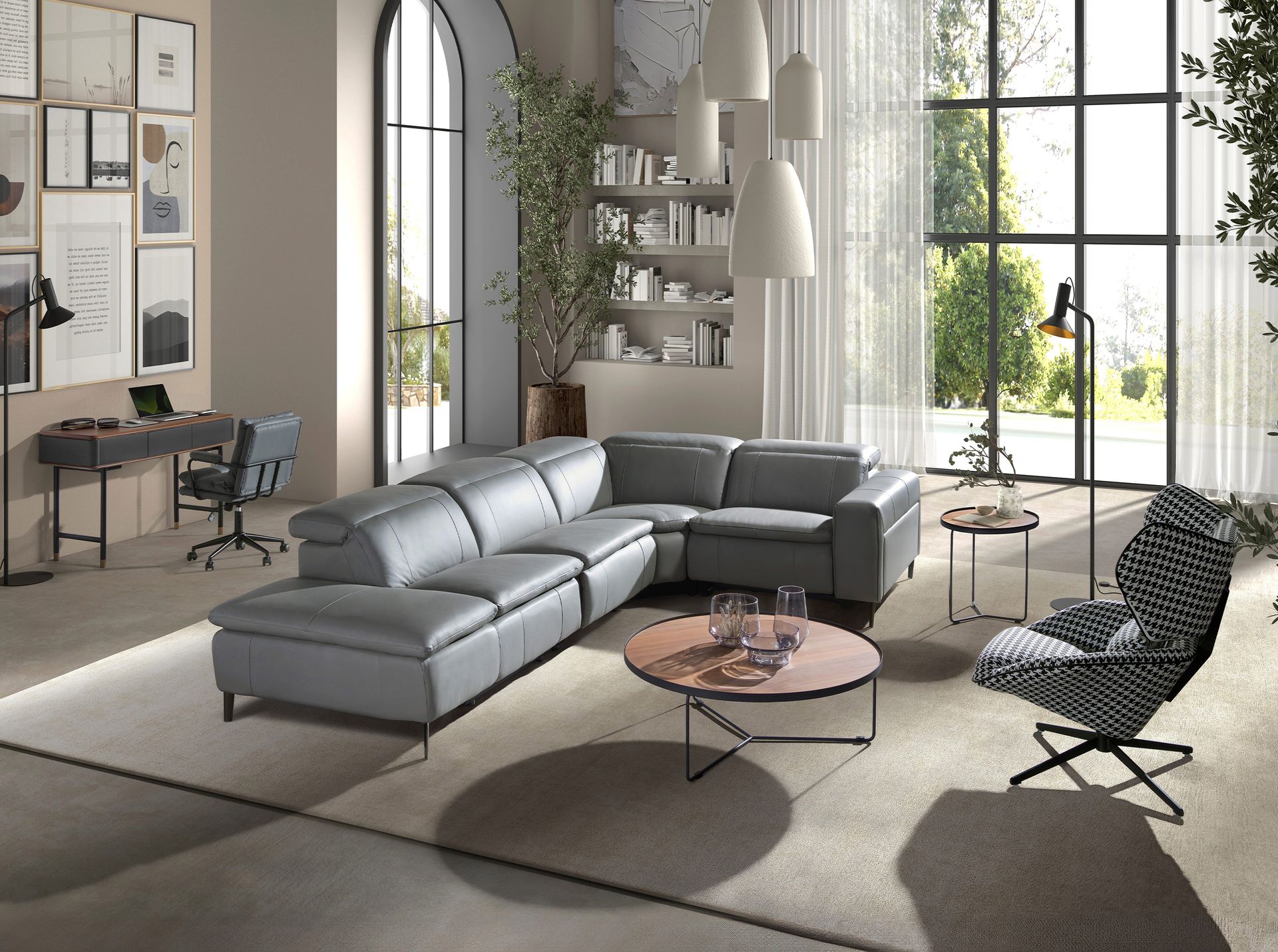 5-местный диван с реклайнером 6218 с левым шезлонгом из серой кожи Angel Cerda