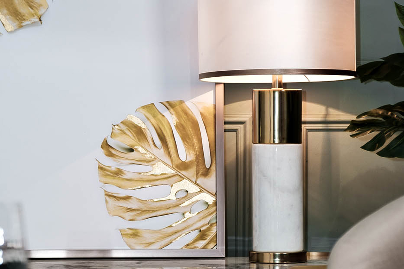 Холст Золотые листья монстеры-1 в багете латунь Garda Decor 89VOR-MONSTERA GOLDEN-1