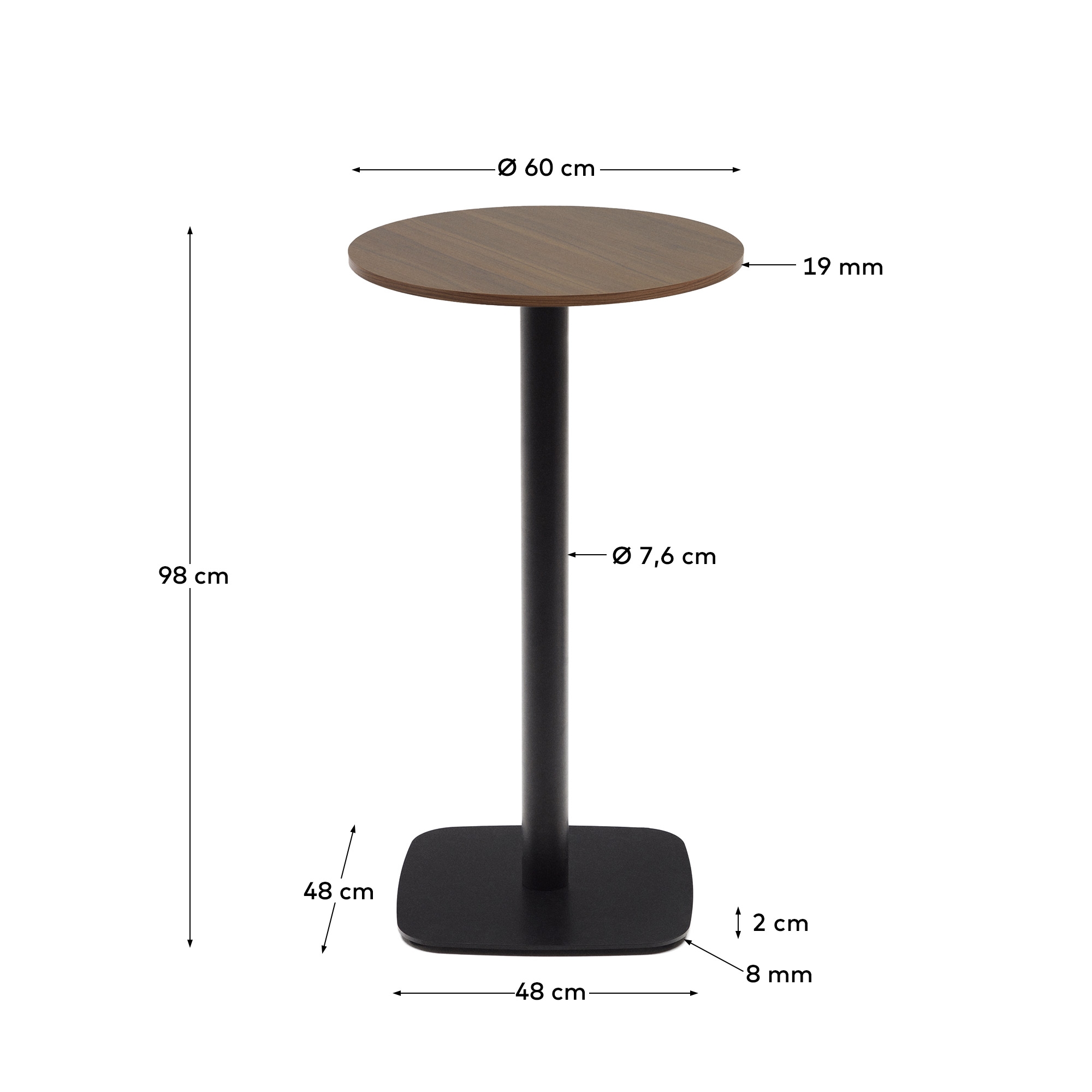 Dina Высокий круглый стол из меламина с ореховой отделкой и черной металлической ножкой  Ø60x96 La Forma (ex Julia Grup)