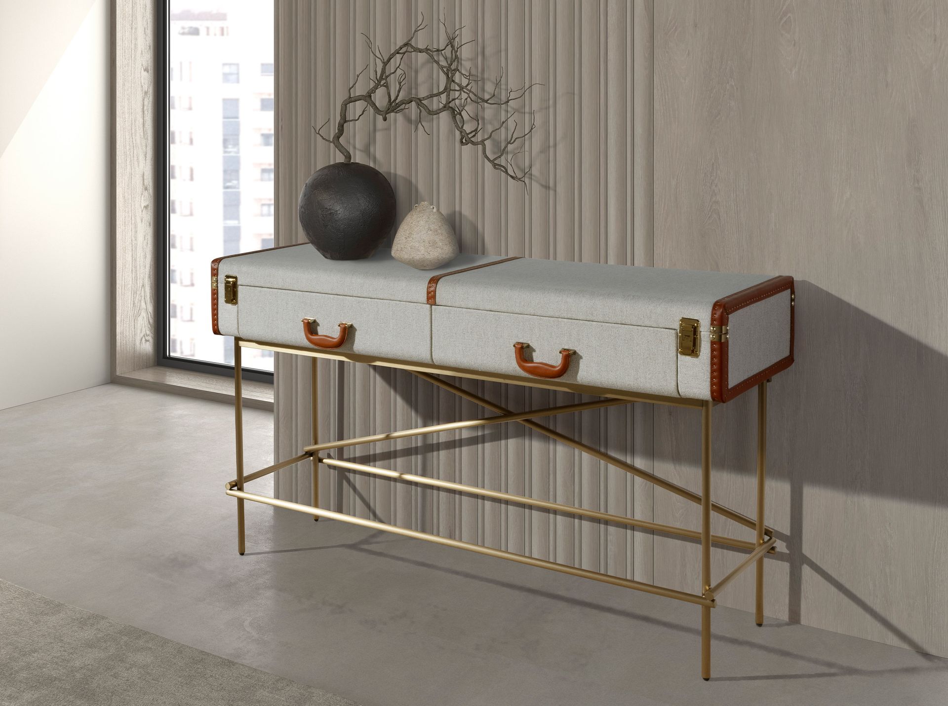 Консольный стол 3271 из шпона ореха и светло-серой ткани Angel Cerda