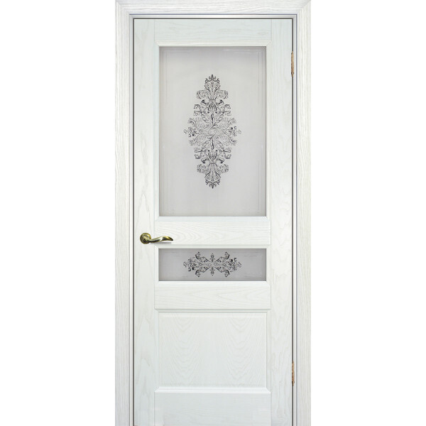 Межкомнатная дверь Graf Вайт 02 Сатинат, шелкография серая (два стекла) Ясень айсберг (2000 х 700)