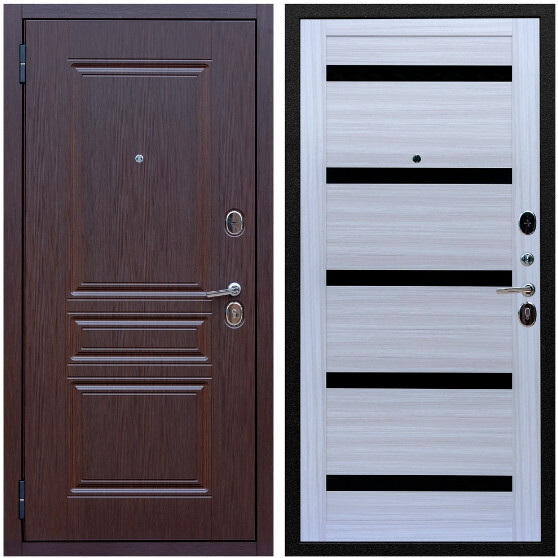 Дверь входная Graf Экстра МДФ 10 мм ФЛ-243 Лиственница шоколад / МДФ 16 мм СБ-14 Сандал белый стекло черное