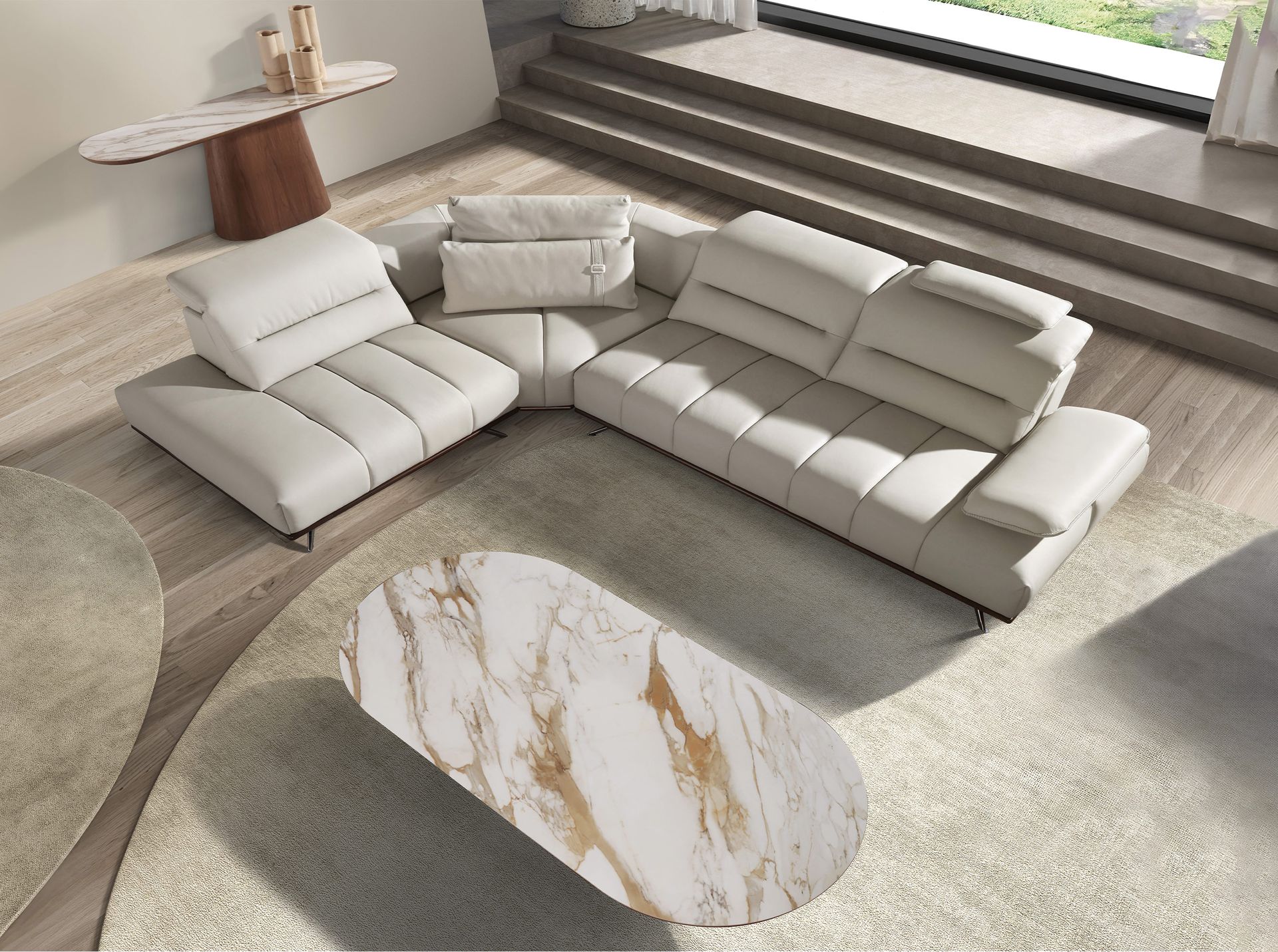 Угловой диван с левым шезлонгом 6243 из светло-серой кожи Angel Cerda