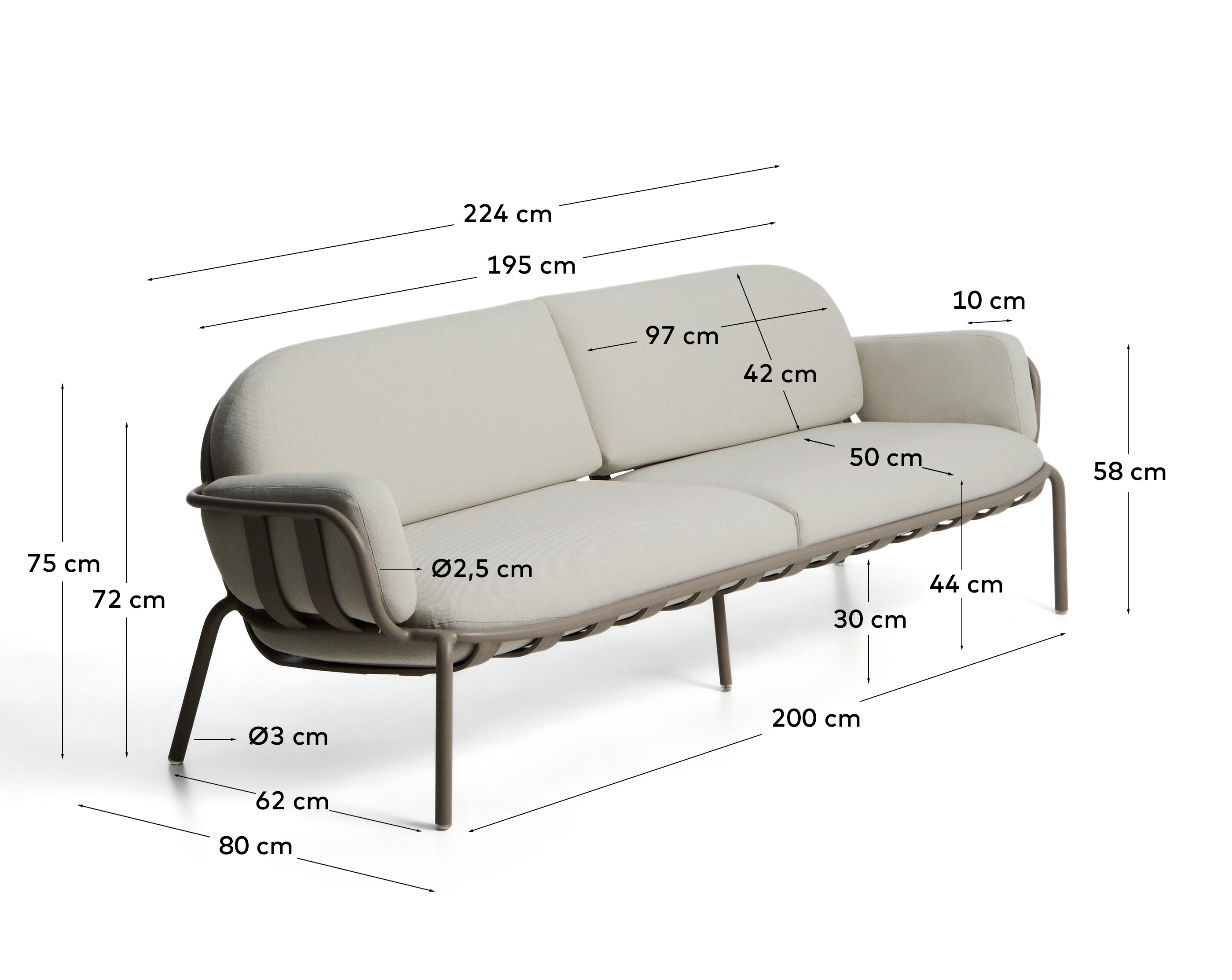 Уличный 3-х местный диван Joncols из алюминия цвета таупе, 225 см La Forma 482604