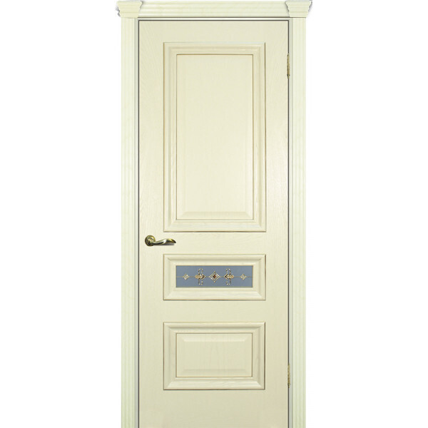 Межкомнатная дверь Graf Фрейм 05 Белое, пленочный витраж рис. Калипсо (Центральное стекло) Ясень Слоновая кость (2000 х 900)