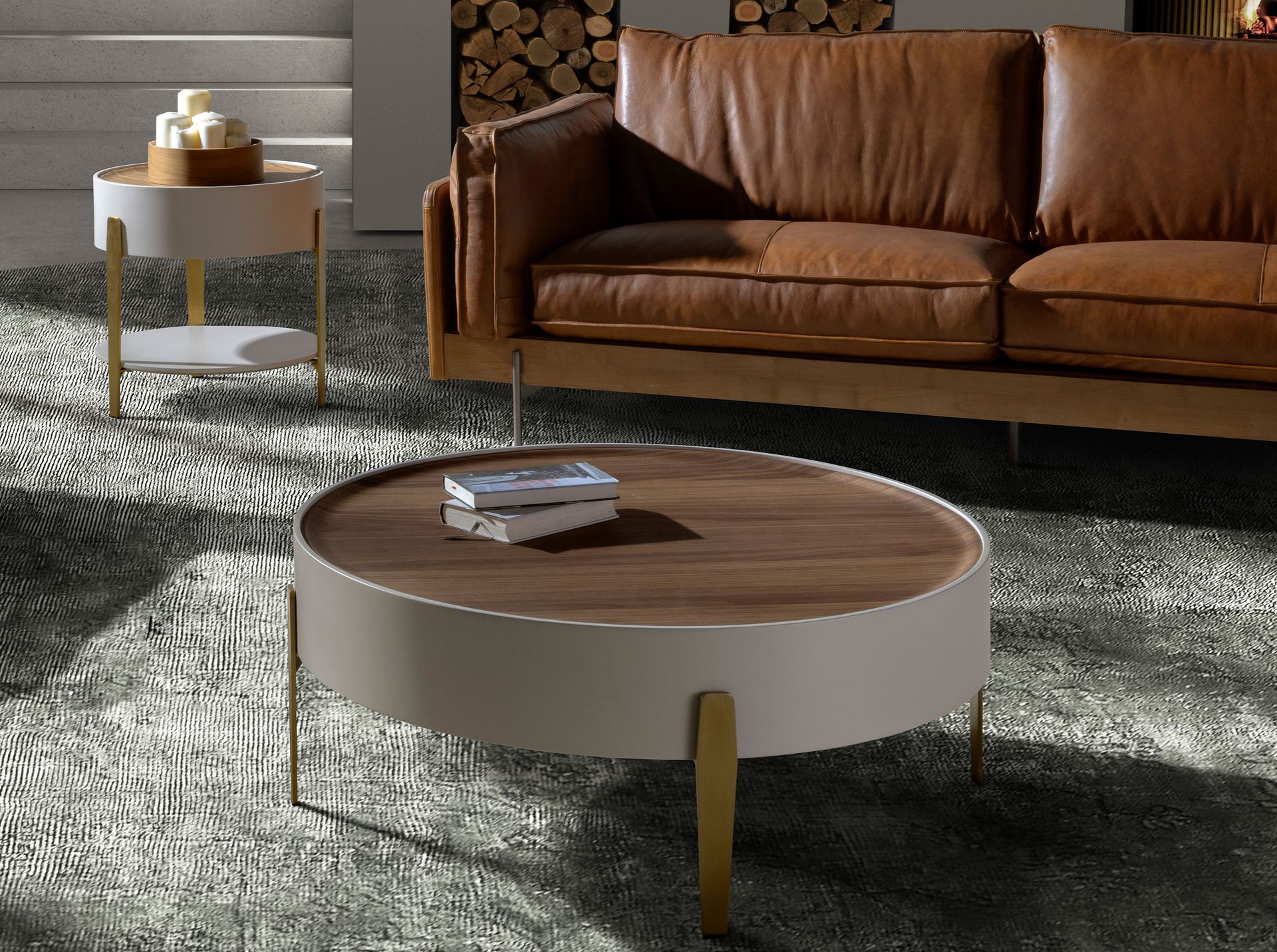 Круглый журнальный столик 2151 из ореха и бежевого дерева Angel Cerda