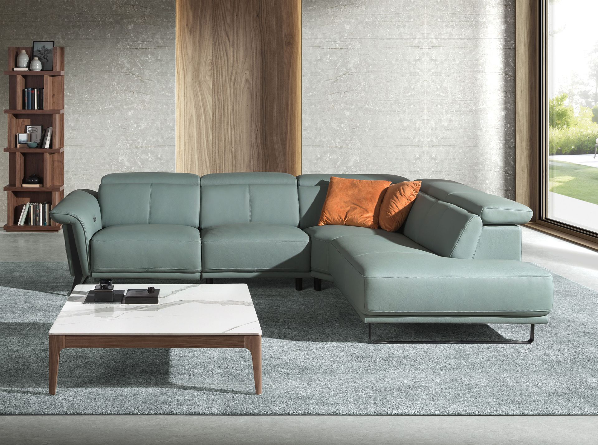 Угловой диван- реклайнер с правым шезлонгом 6252 из бирюзовой кожи Angel Cerda