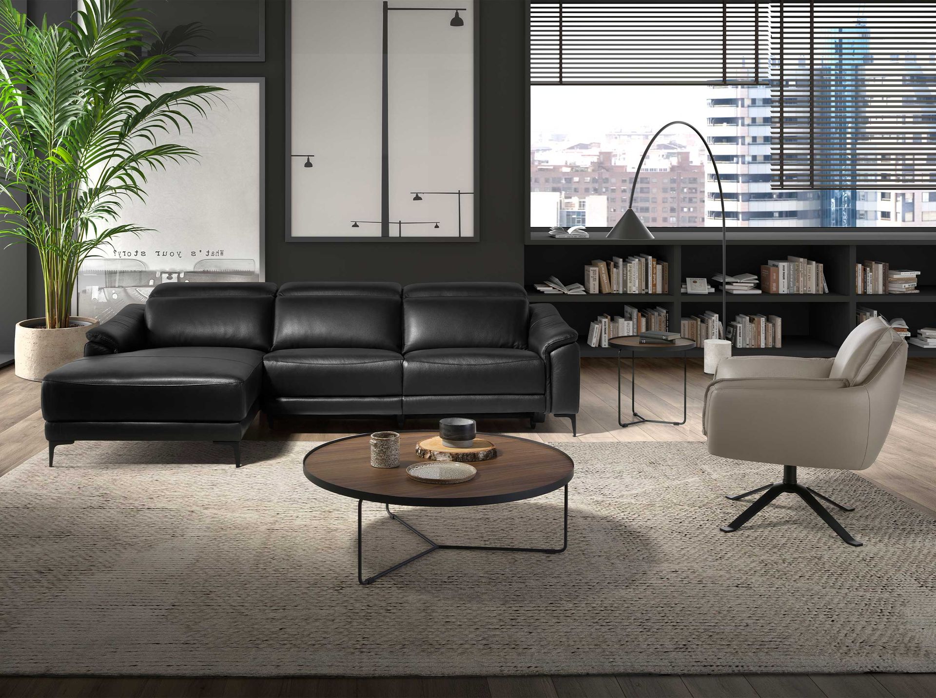 Угловой диван с реклайнером левый 6206/KM6285-L-T541040 из черной кожи Angel Cerda