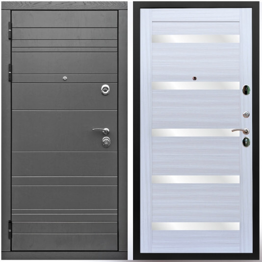 Дверь входная Graf Роял Вуд МДФ 10 мм Роял Вуд графит / МДФ 16 мм СБ-14 Сандал белый стекло белое