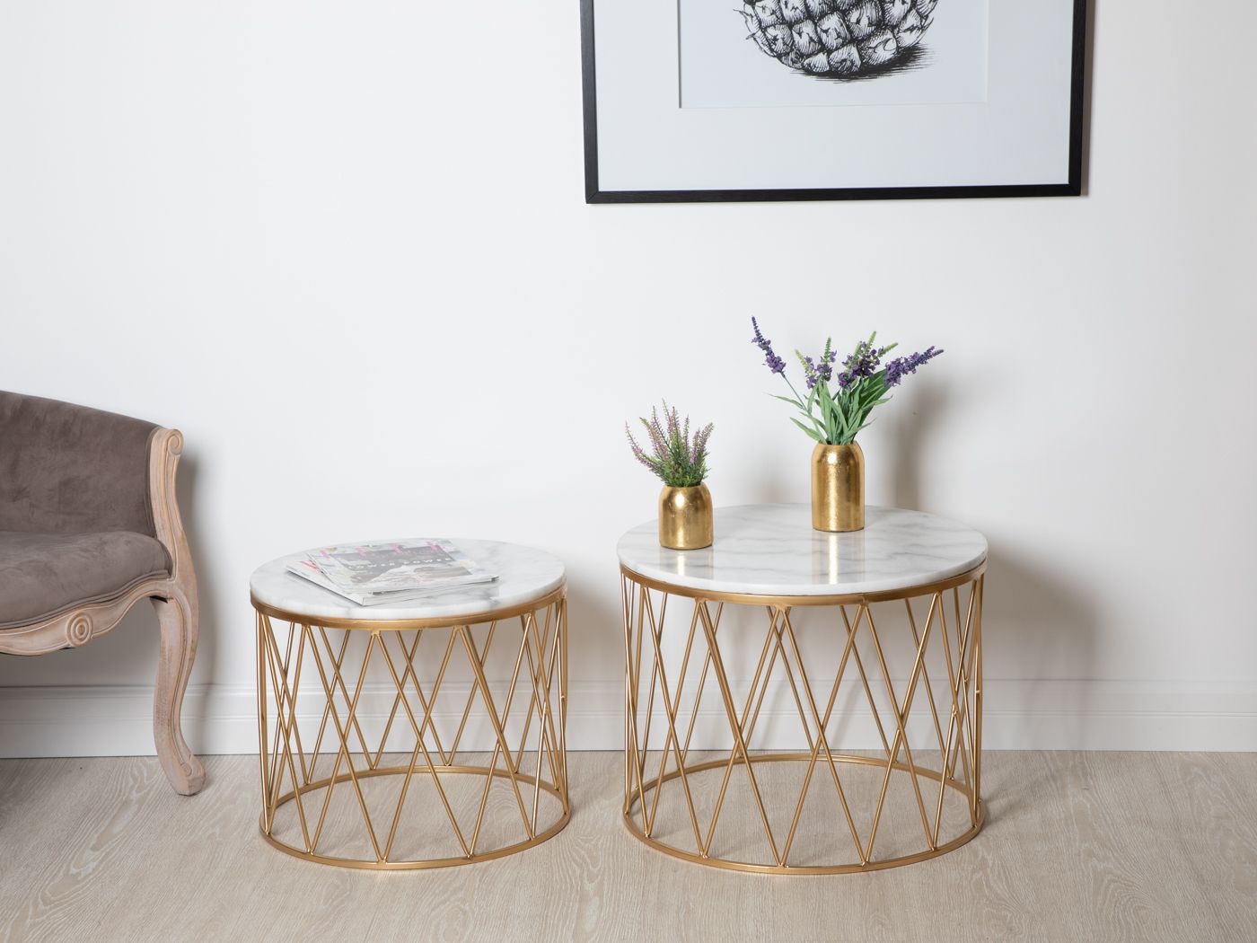 Столики журнальные с белым мрамором, набор, Glasar 54-151/150