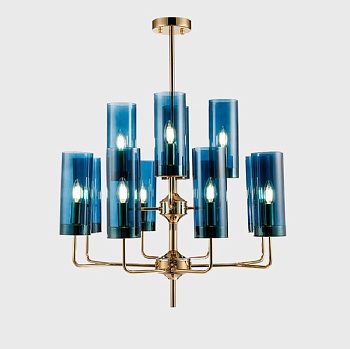 Люстра Agne Brass &amp; Blue Glass Tube Chandelier in 1970 12 Синий by ImperiumLoft