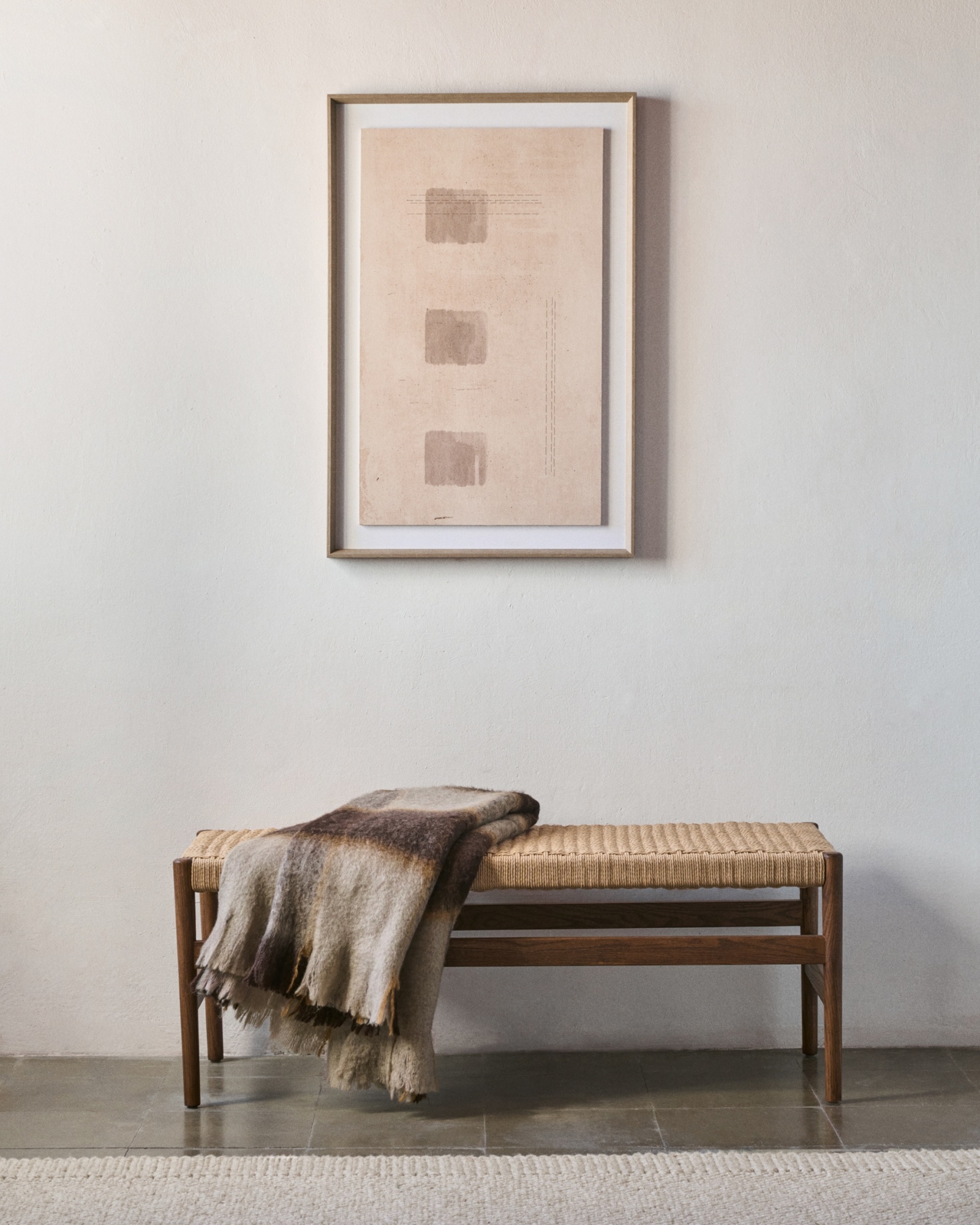 Zaide Скамейка из массива дуба с отделкой под орех и сиденьем из веревочного шнура, 120 см La Forma (ex Julia Grup)