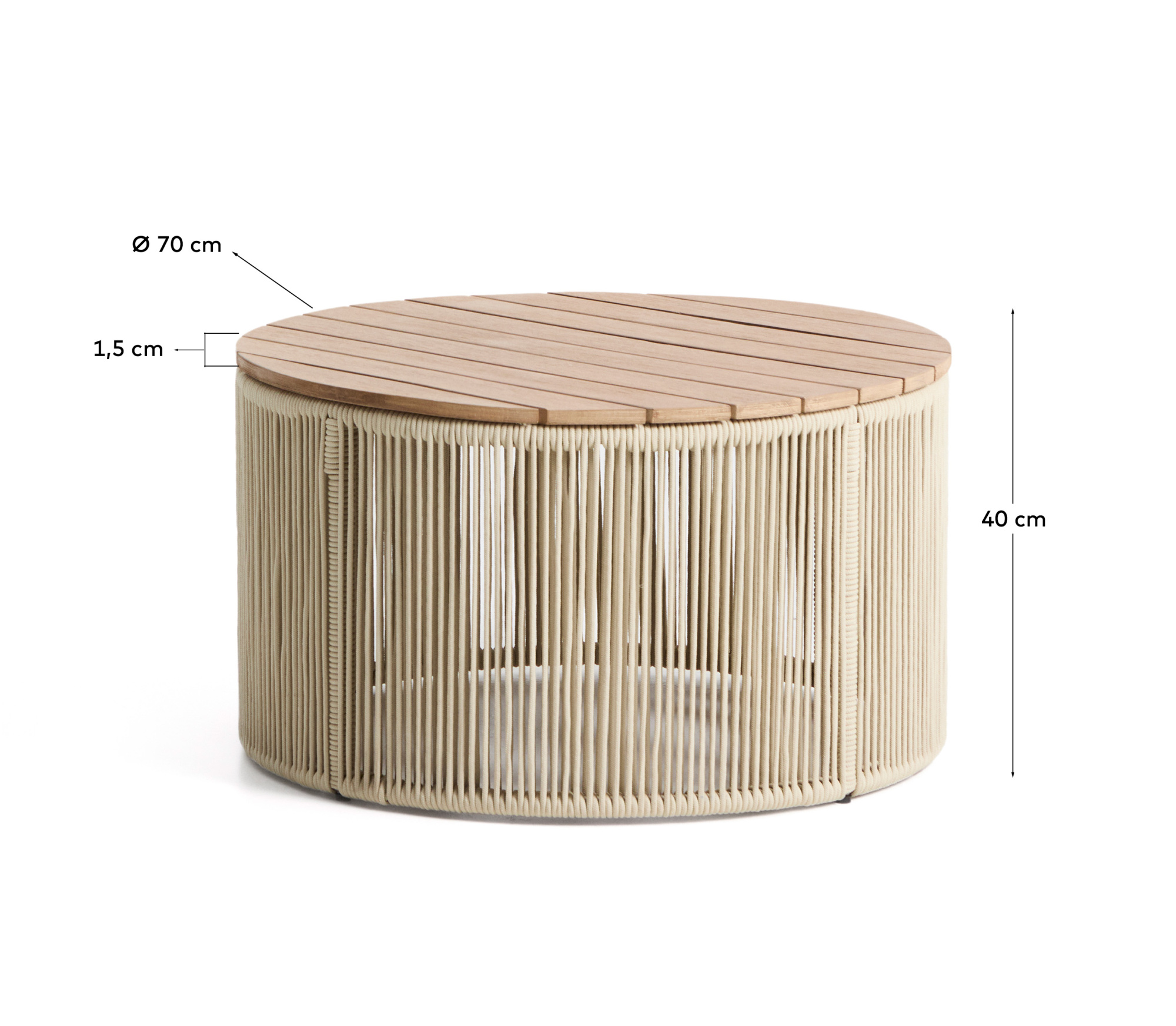 Уличчный столик Dandara из стали, веревки цвета экрю и массива акации Ø70 см La Forma 482548