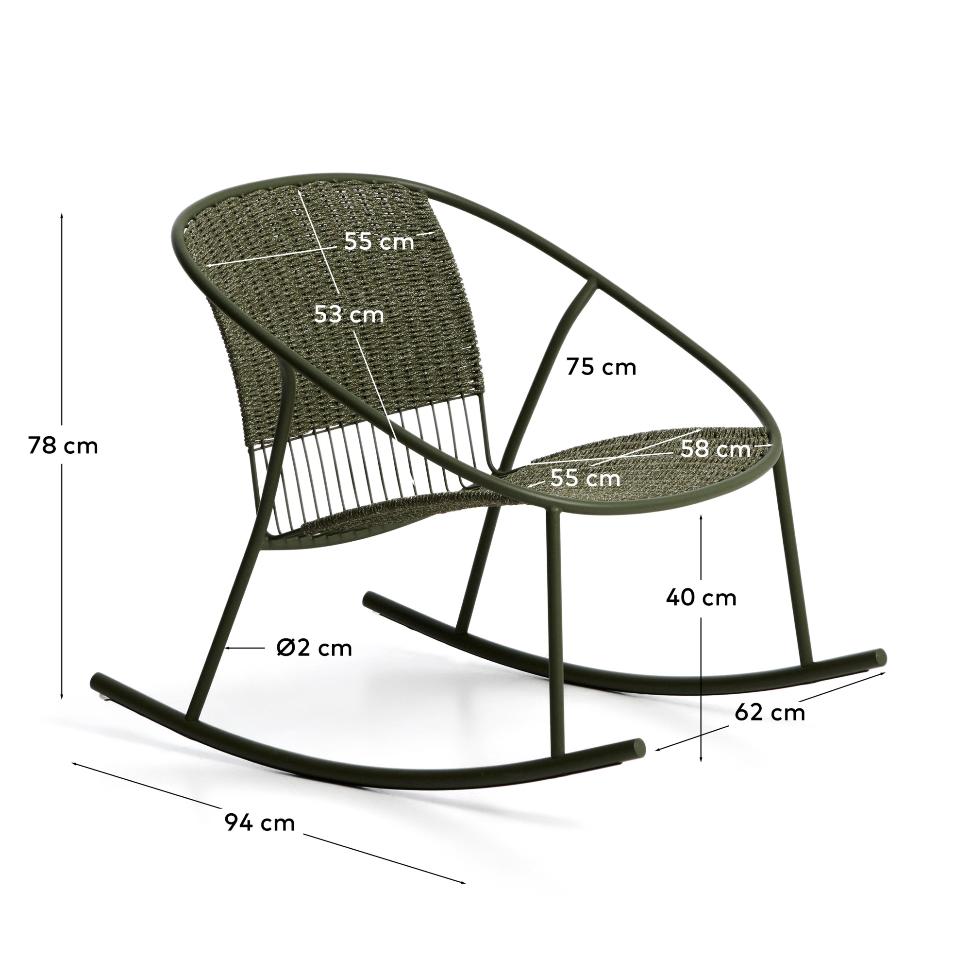 Уличное кресло-качалка Atrani из оцинкованной стали и зеленой веревки La Forma 482195
