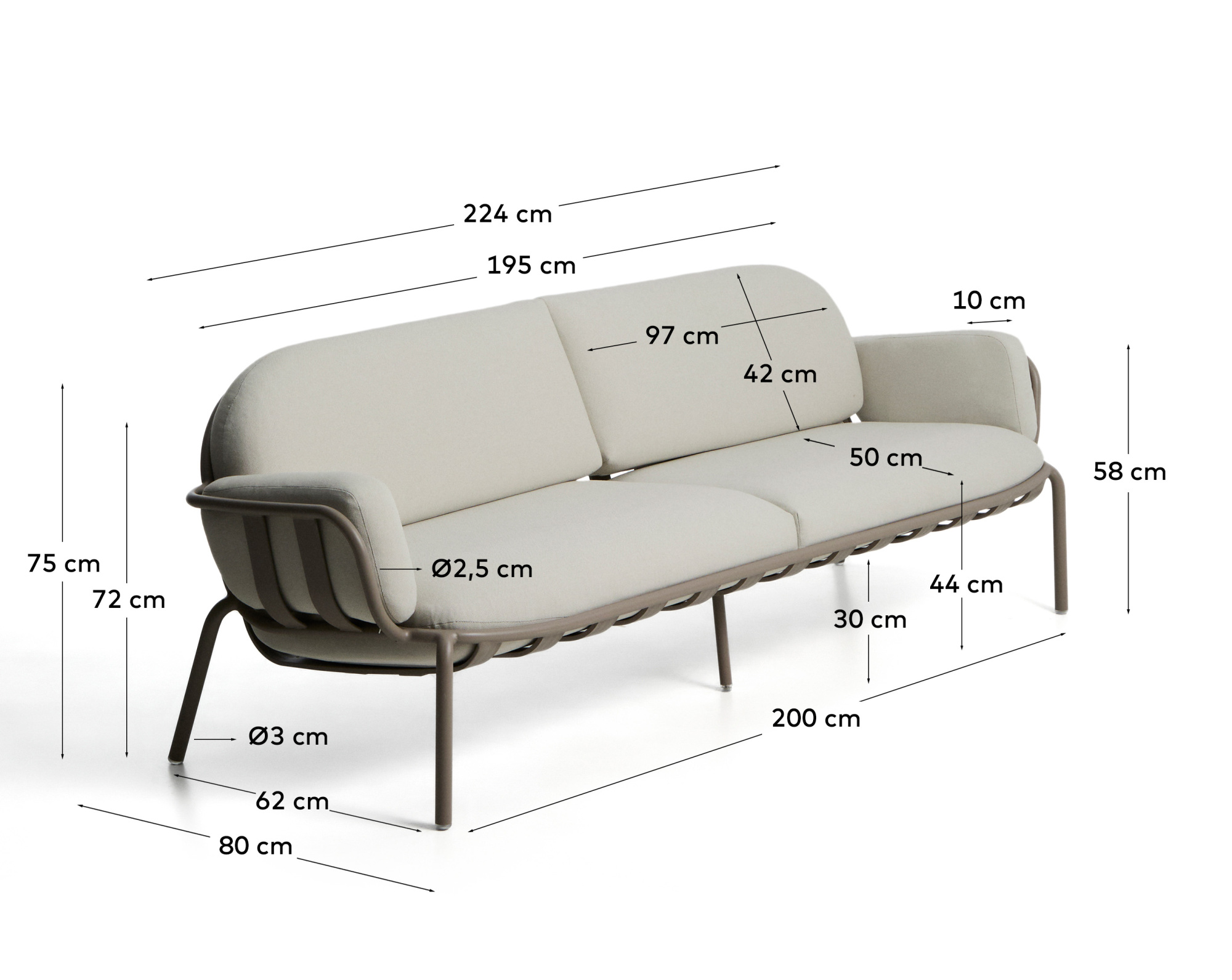 Уличный 3-х местный диван Joncols из алюминия цвета таупе, 225 см La Forma 482604