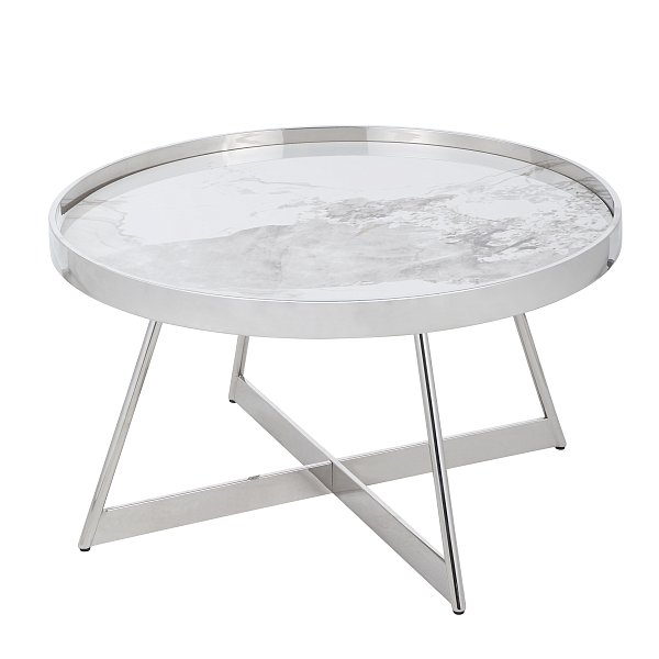 Журнальный столик Гера 80*80см белая керамика сталь серебро Stool Group